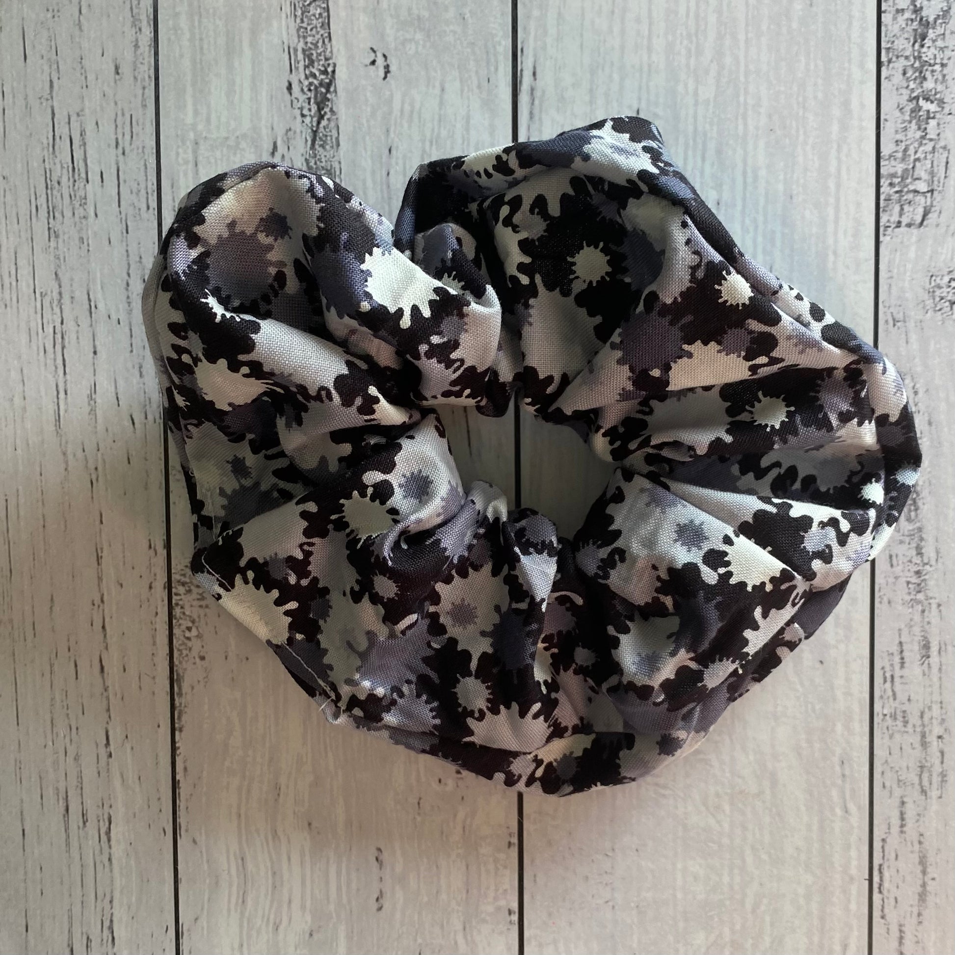 Commando black, grey and white scrunchie.  Handmade by zabel designs.  